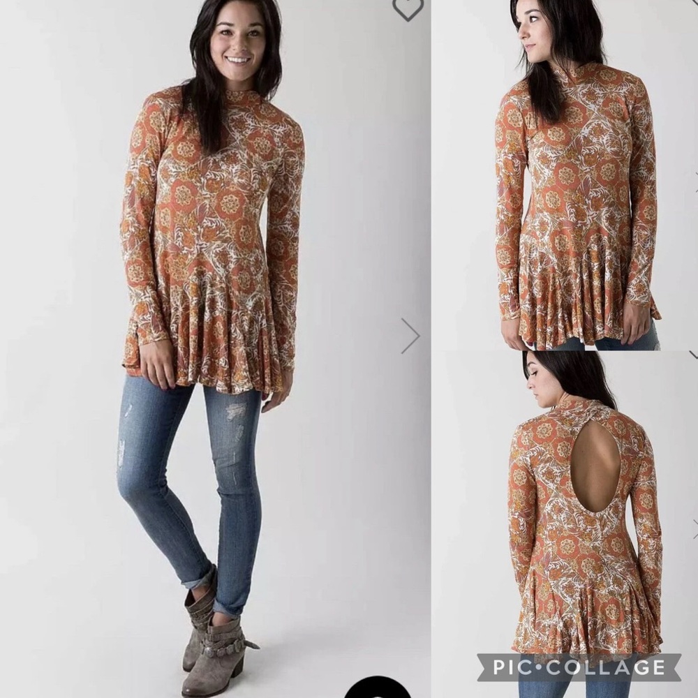 Free People Linen Blend Neutral Floral Print Mini Dress Tunic Top Blouse - Picture 4 of 8